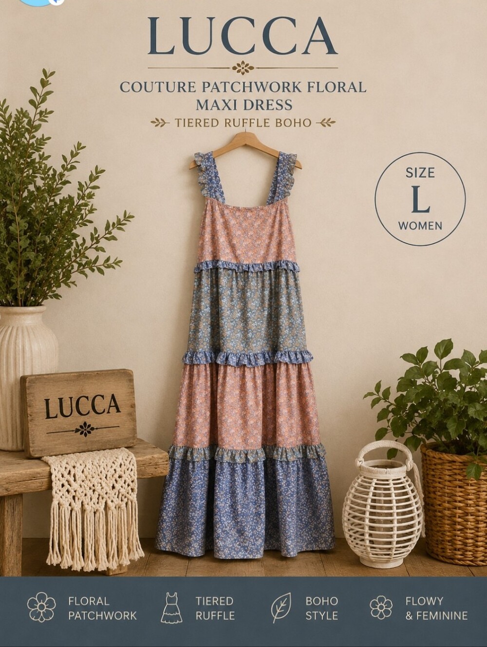 Lucca Couture Patchwork Floral Maxi Dress Tiered Ruffle Boho Cottagecore L